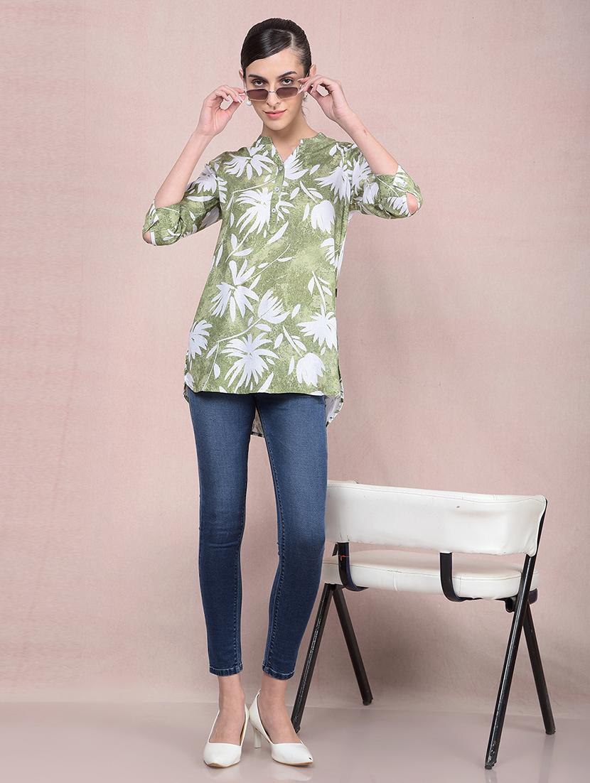 women printed mandarin neck high low kurti - 21854912 - Standard Image - 5