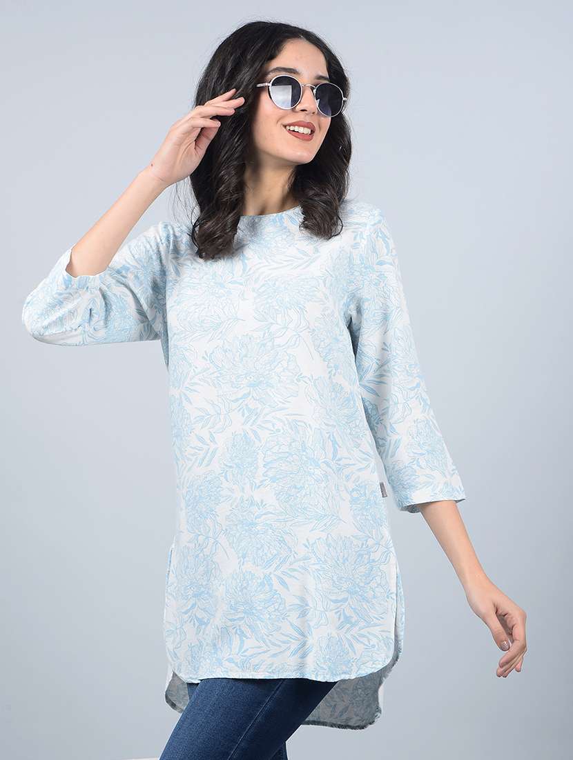 women printed round neck high low kurti