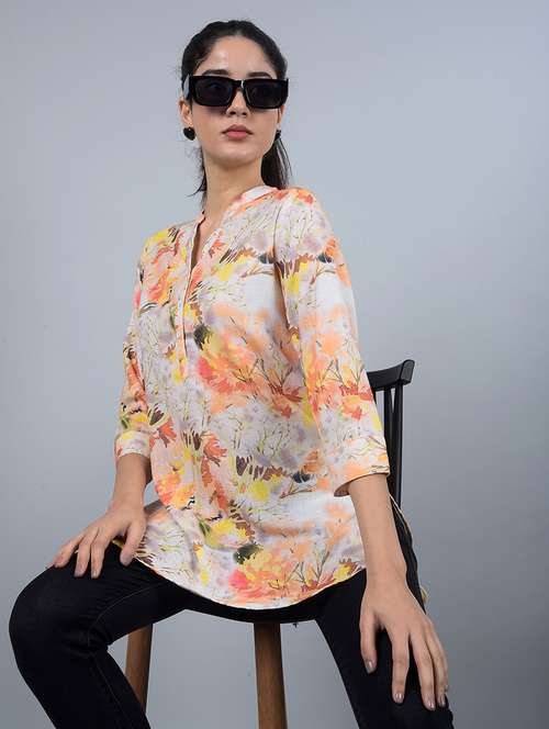 women printed mandarin neck high low kurti - 21854928 - Standard Image - 0