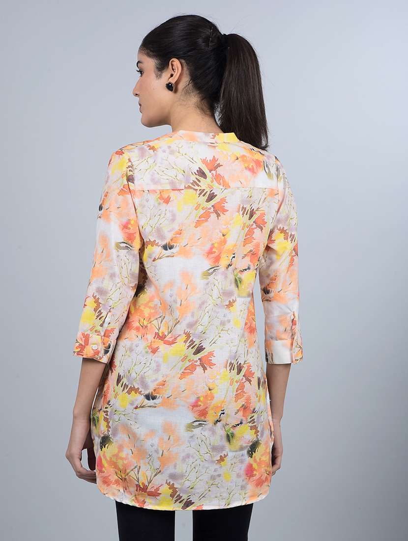 women printed mandarin neck high low kurti - 21854928 - Standard Image - 3