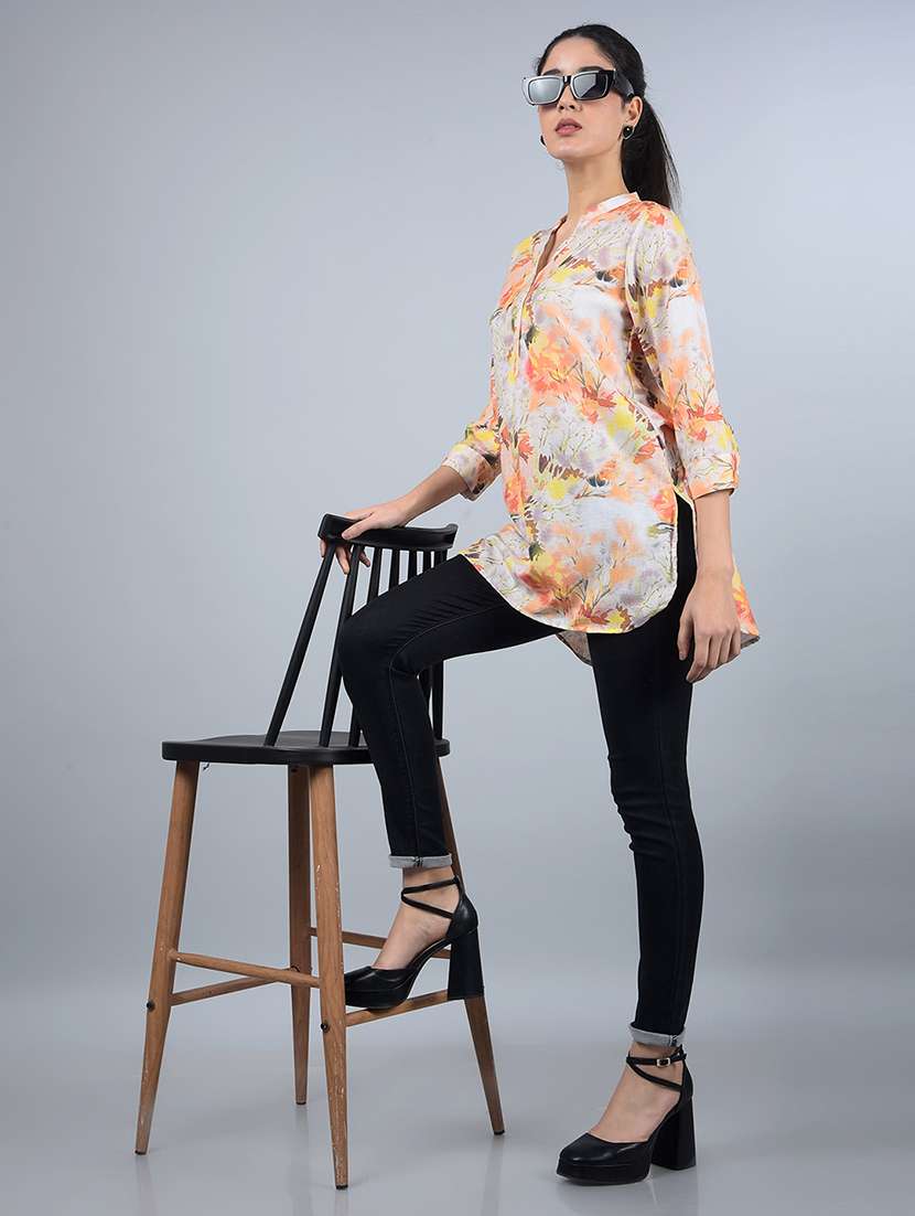 women printed mandarin neck high low kurti - 21854928 - Standard Image - 5