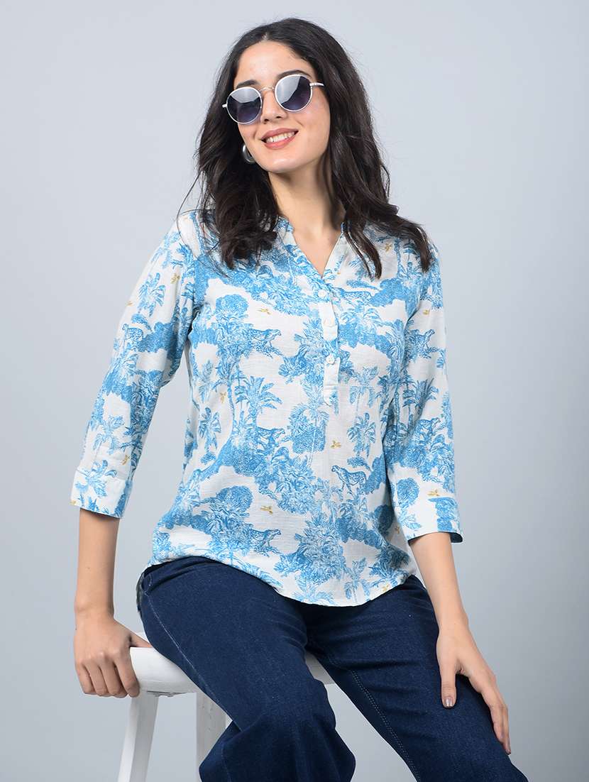 women printed mandarin neck high low top - 21854936 -  Zoom Image - 0