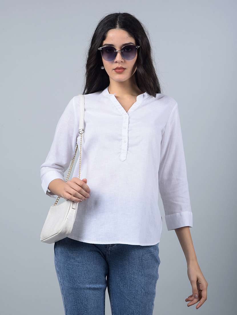 women solid mandarin neck high low top - 21854938 -  Zoom Image - 0