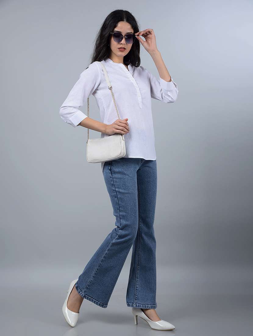 women solid mandarin neck high low top - 21854938 -  Standard Image - 5