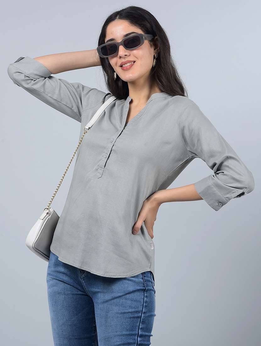 women solid mandarin neck high low top - 21854940 -  Zoom Image - 0