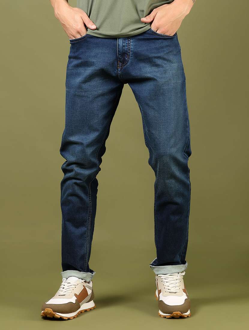 men plain mid rise full length denim jeans