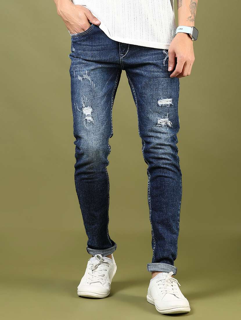 men's blue denim skinny fit distress jeans - 21855192 -  Zoom Image - 0