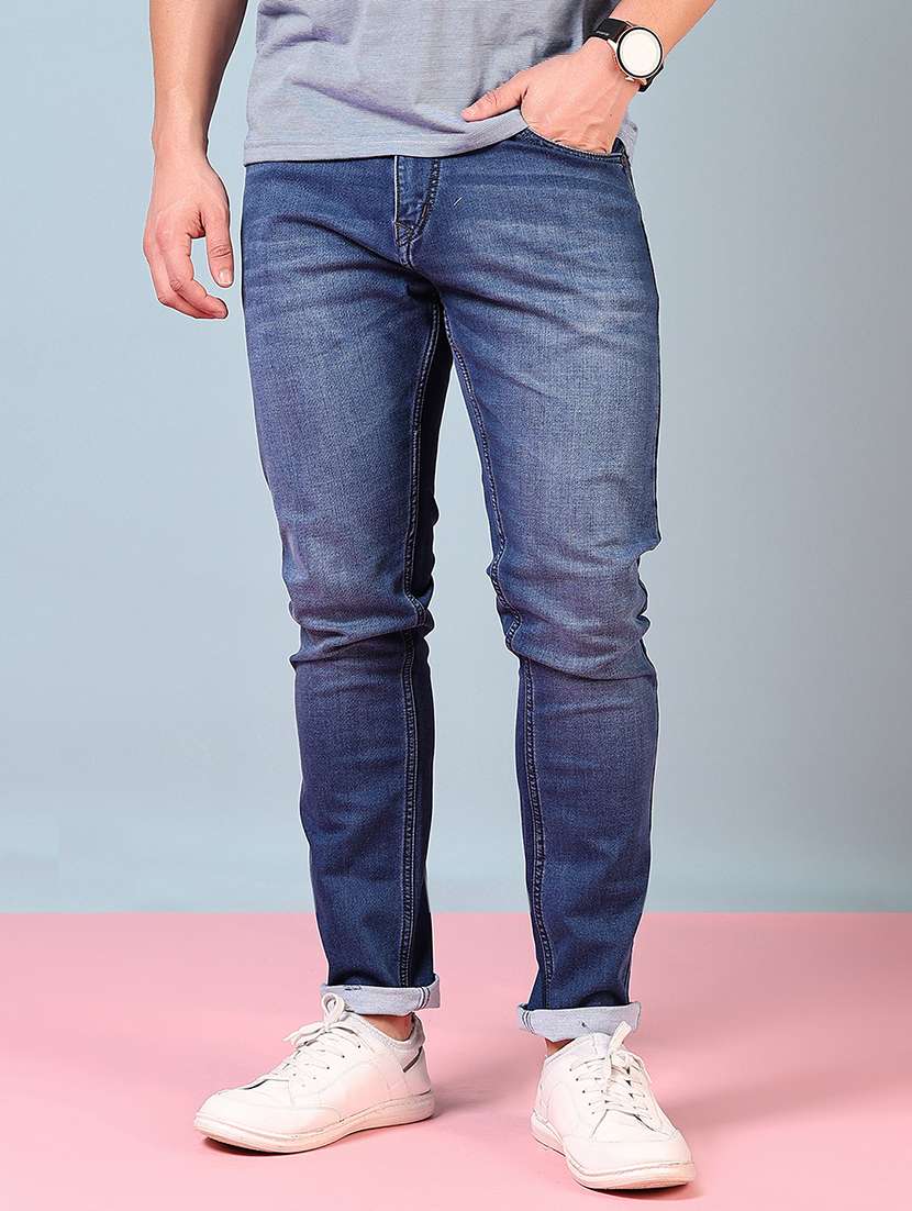 men washed mid rise full length denim jeans