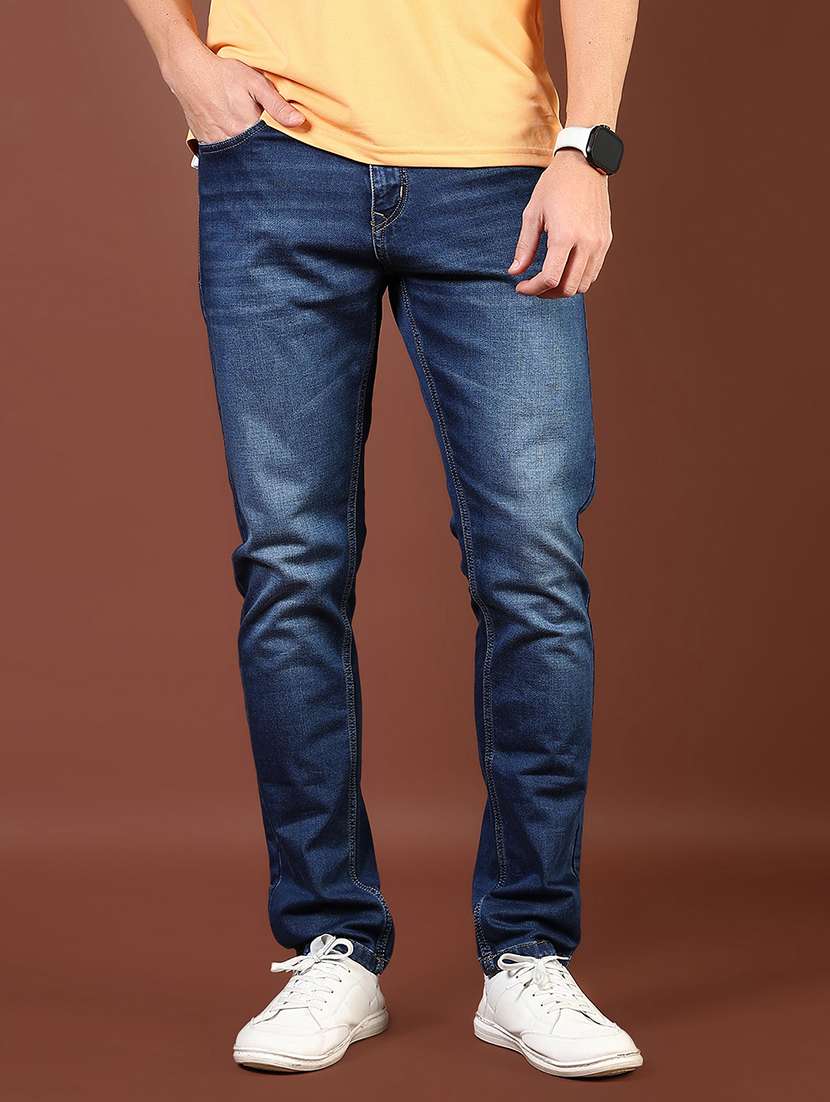 men washed mid rise full length denim jeans
