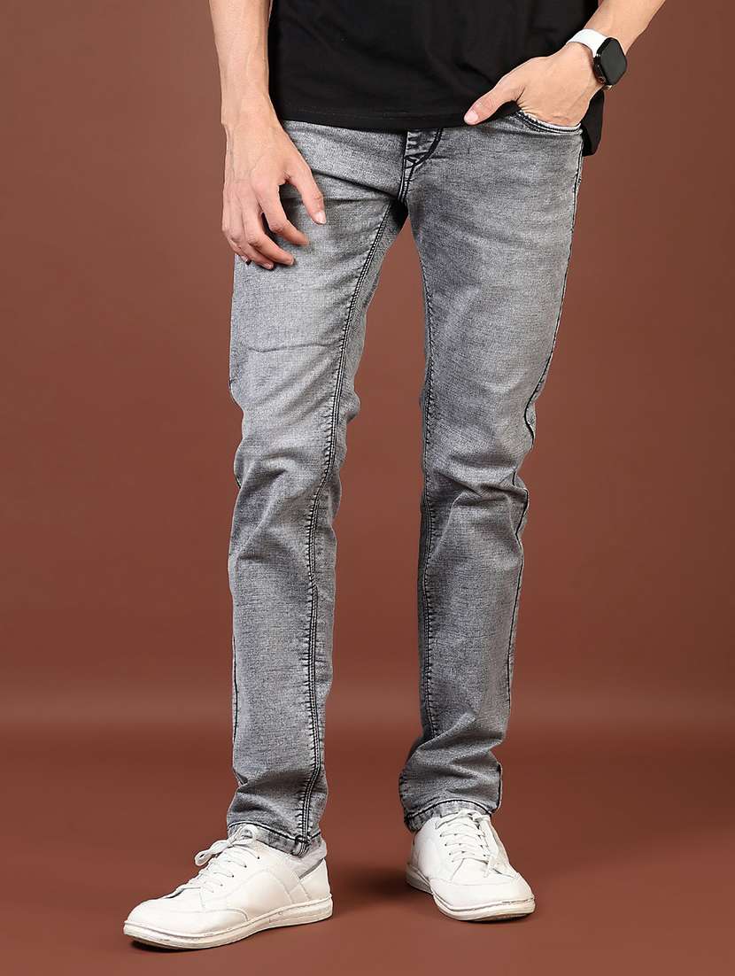 men washed mid rise full length denim jeans