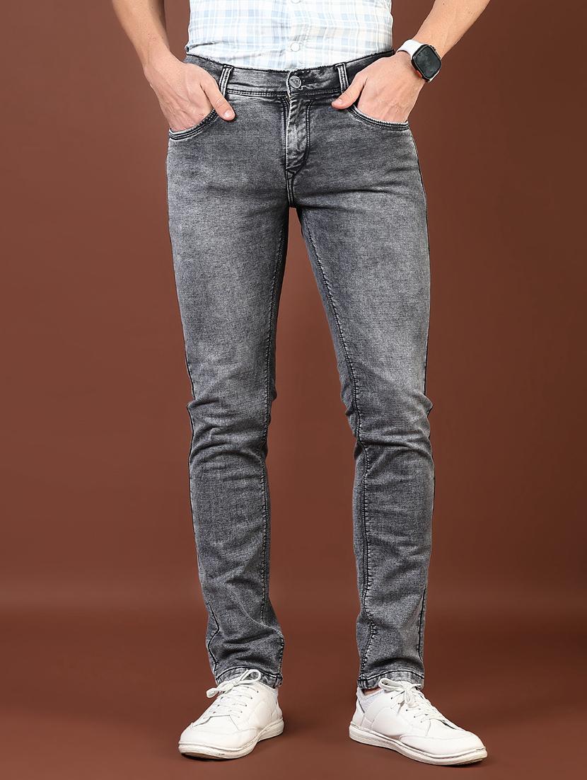 men washed mid rise full length denim jeans