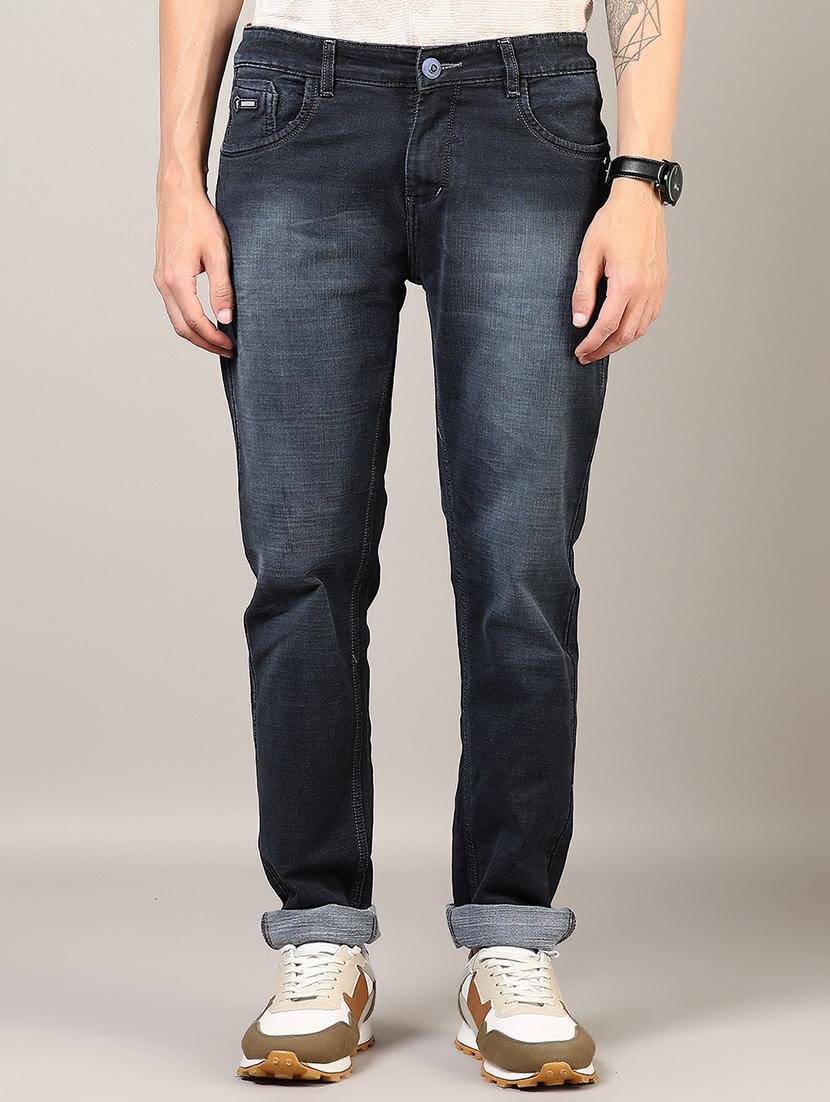 men washed mid rise full length denim jeans