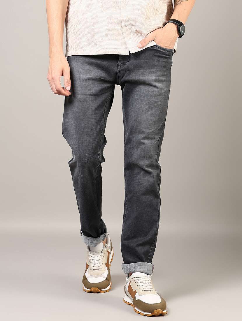 men washed mid rise full length denim jeans