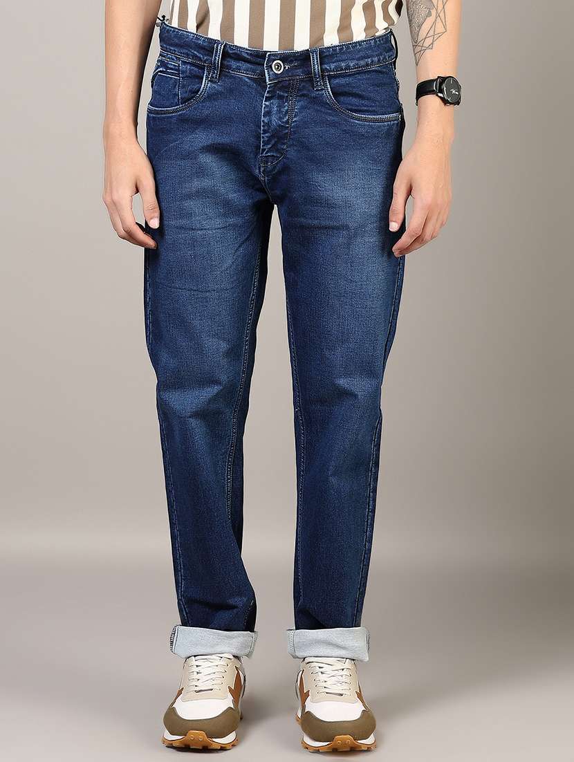 men washed mid rise full length denim jeans