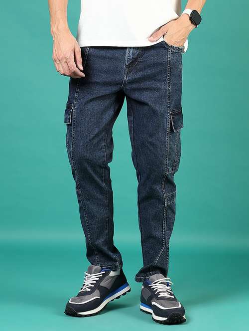 men blue plain mid rise jean