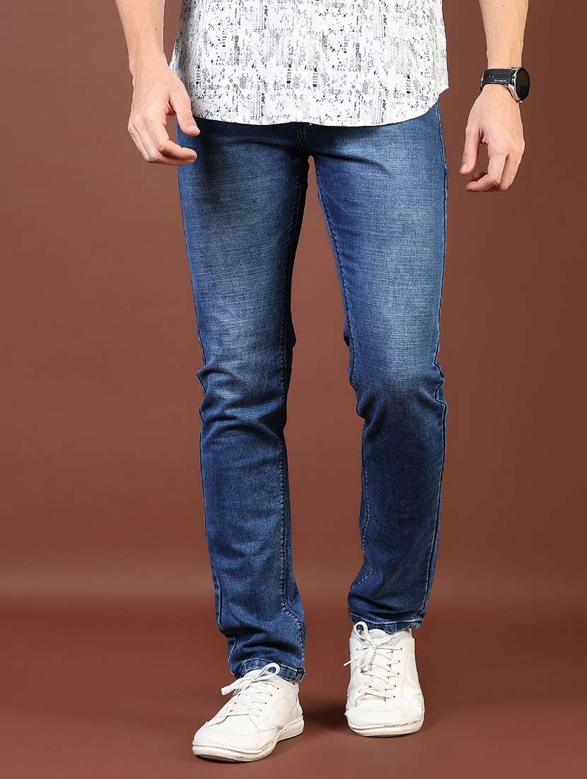 men washed mid rise full length denim jeans