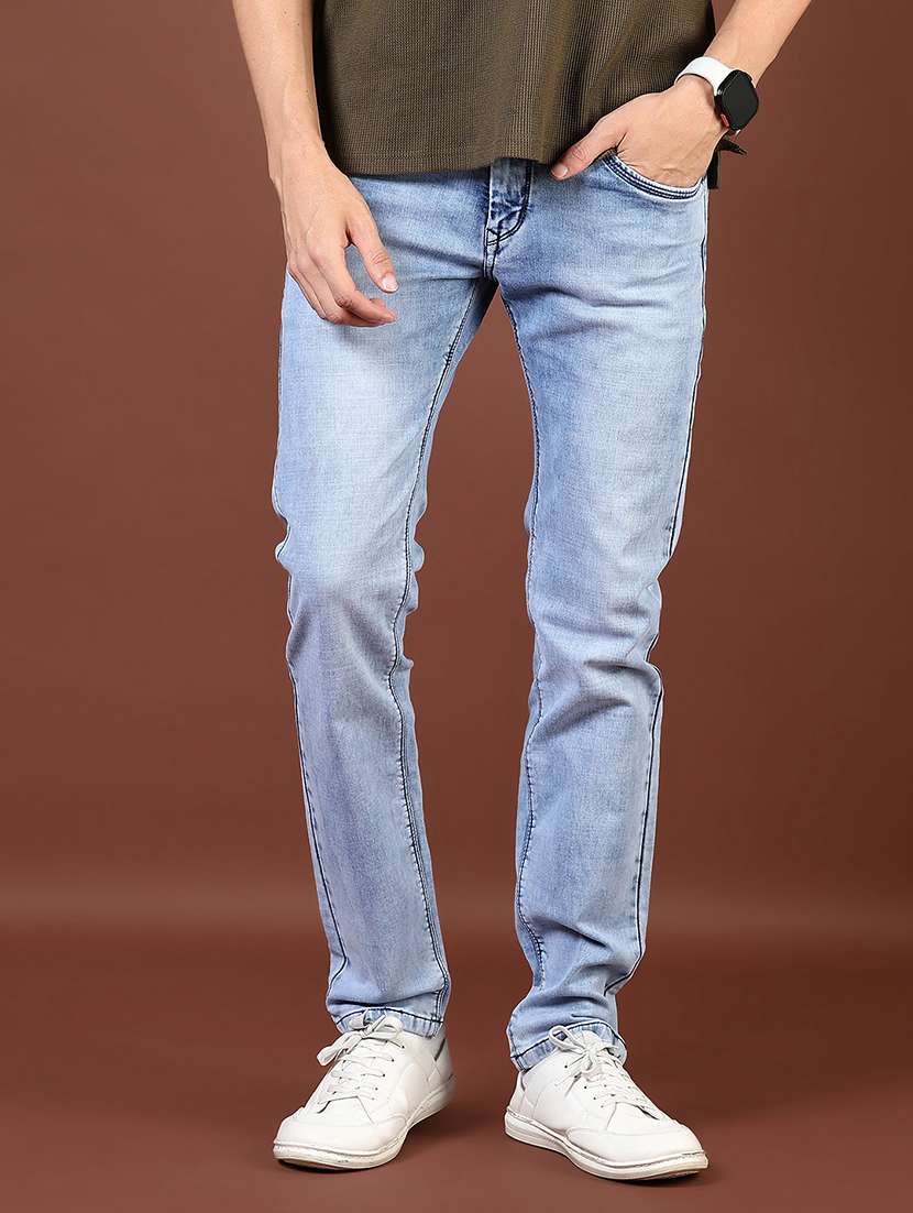 men washed mid rise full length denim jeans