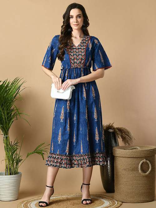 women blue printed fit & flare ethnic dress - 21855512 -  Standard Image - 0