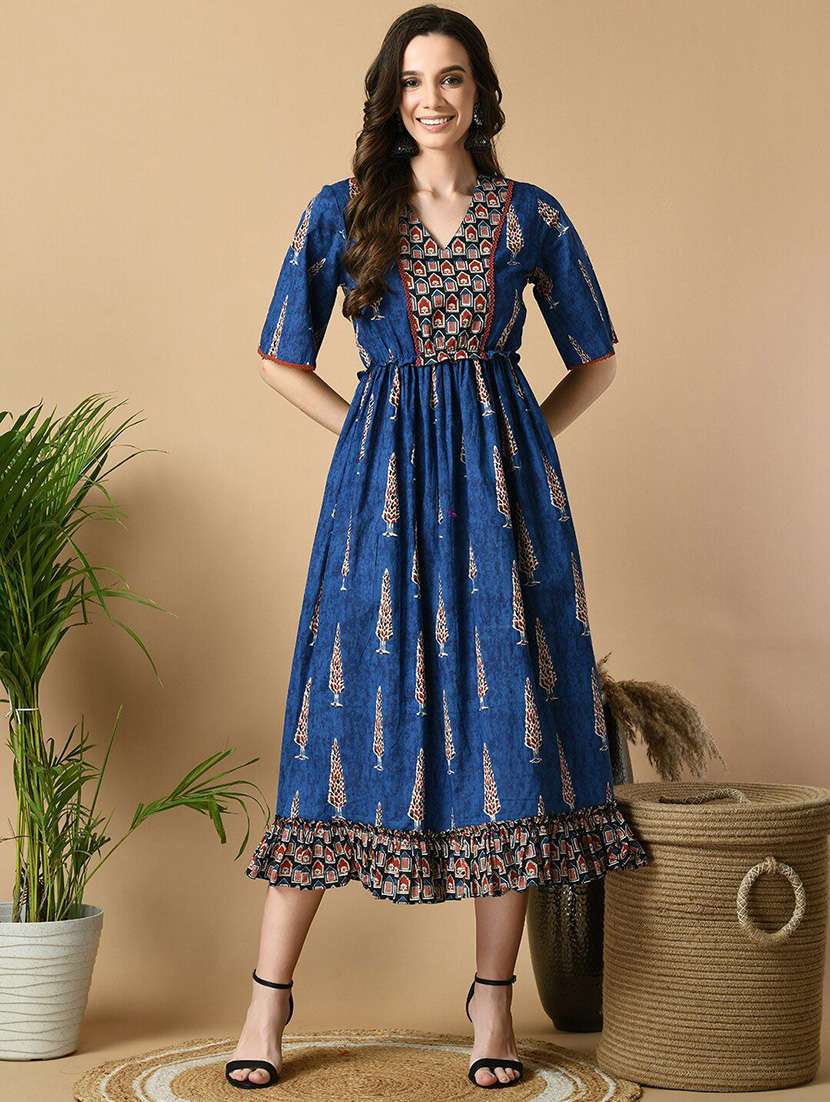 women blue printed fit & flare ethnic dress - 21855512 -  Standard Image - 5