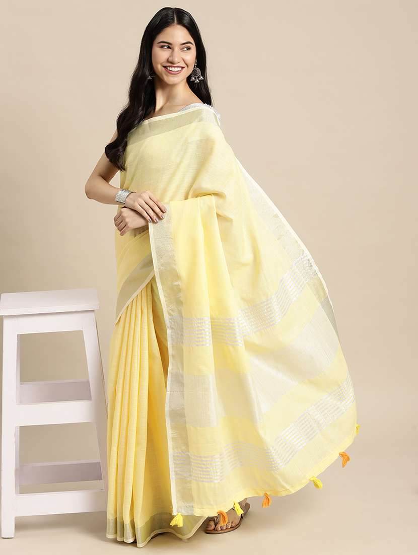 women yellow plain saree with blouse - 21855561 -  Standard Image - 3