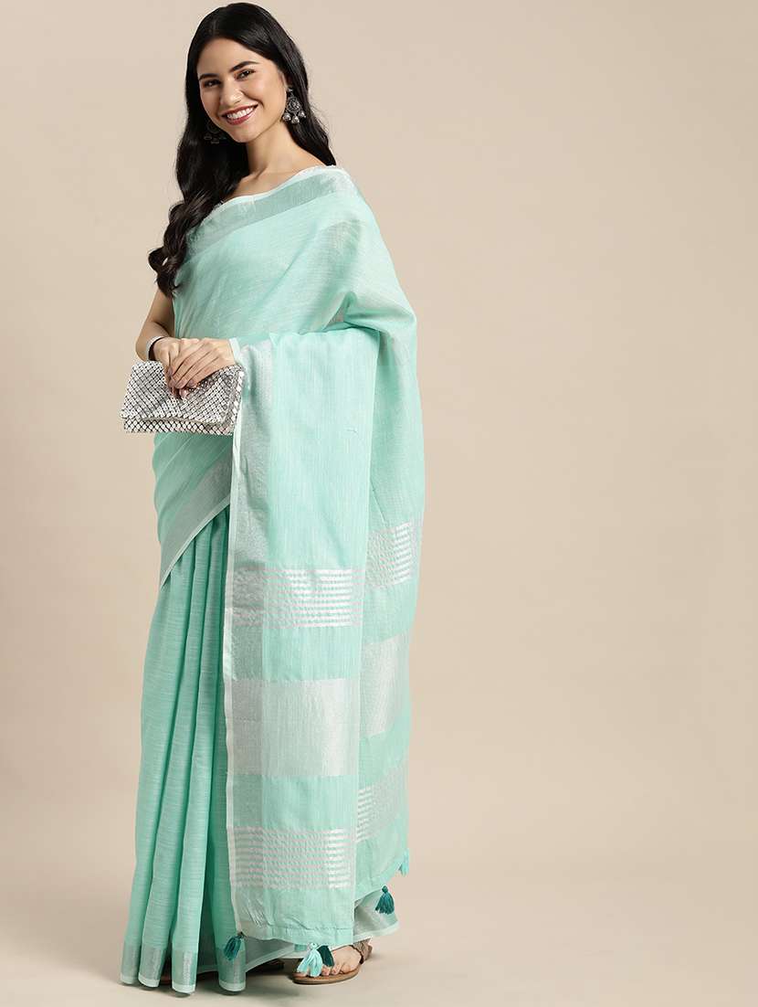 women turquoise plain saree with blouse - 21855570 -  Standard Image - 3