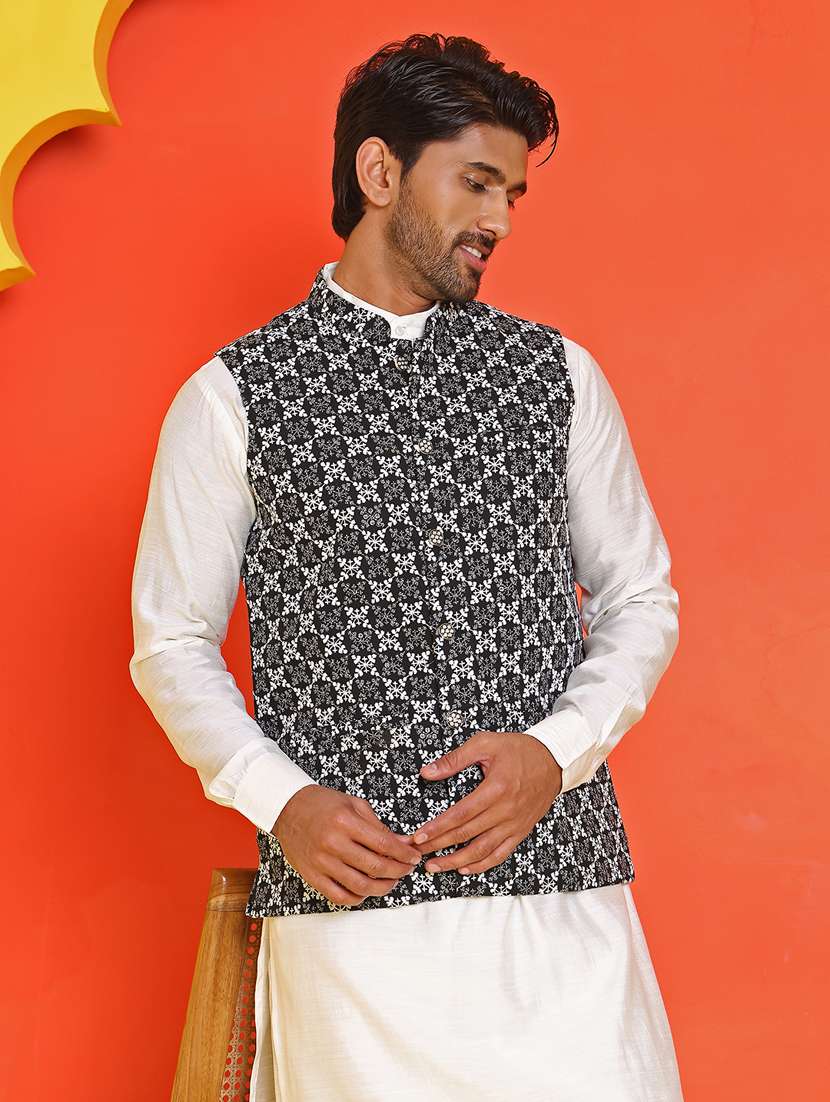 men embroidered mandarin neck nehru jacket - 21855578 -  Zoom Image - 0