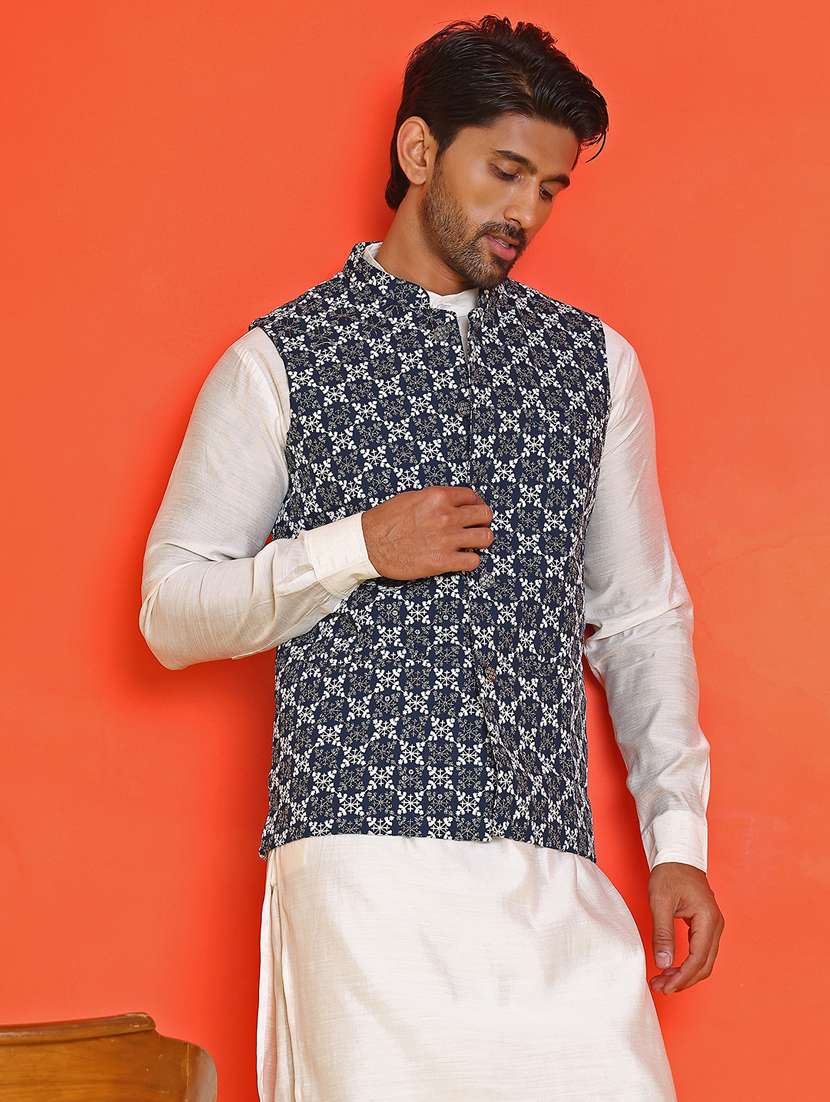 men embroidered mandarin neck nehru jacket - 21855579 -  Zoom Image - 0