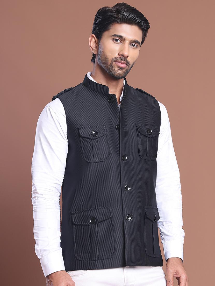 men striped mandarin neck nehru jacket - 21855581 -  Zoom Image - 0