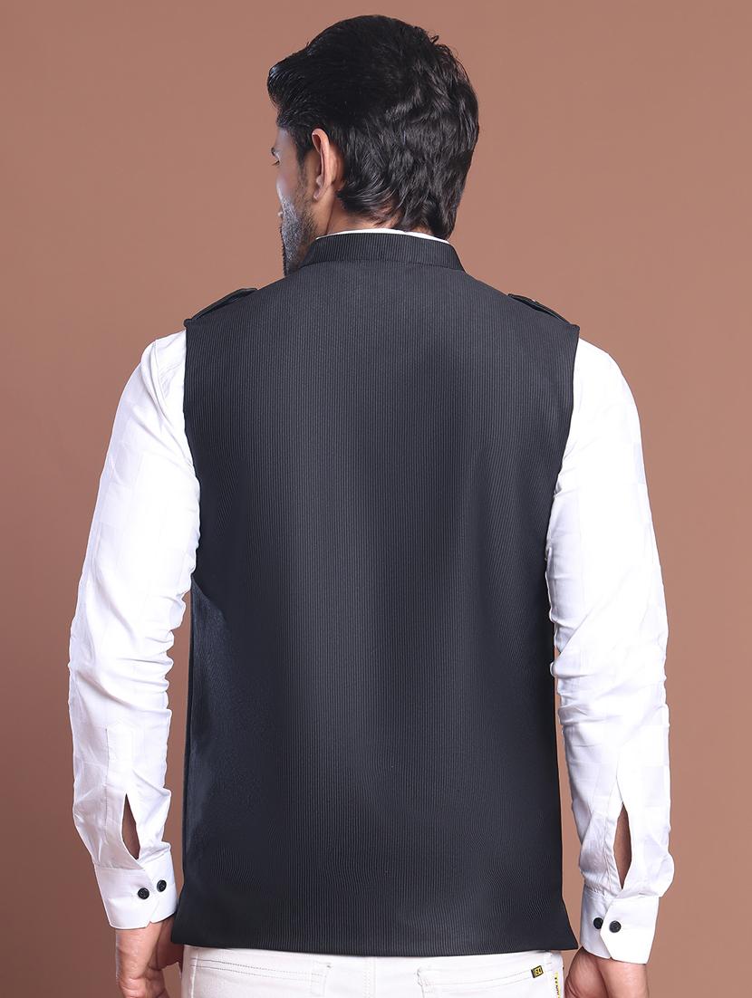 men striped mandarin neck nehru jacket - 21855581 - Standard Image - 3