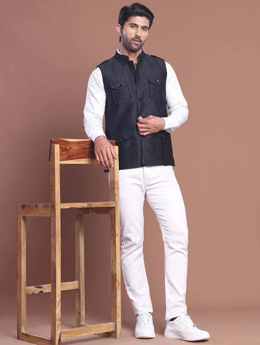 men striped mandarin neck nehru jacket - 21855581 - Standard Image - 5