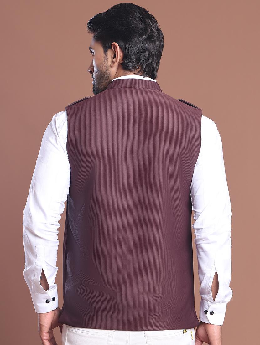 men striped mandarin neck nehru jacket - 21855582 - Standard Image - 3