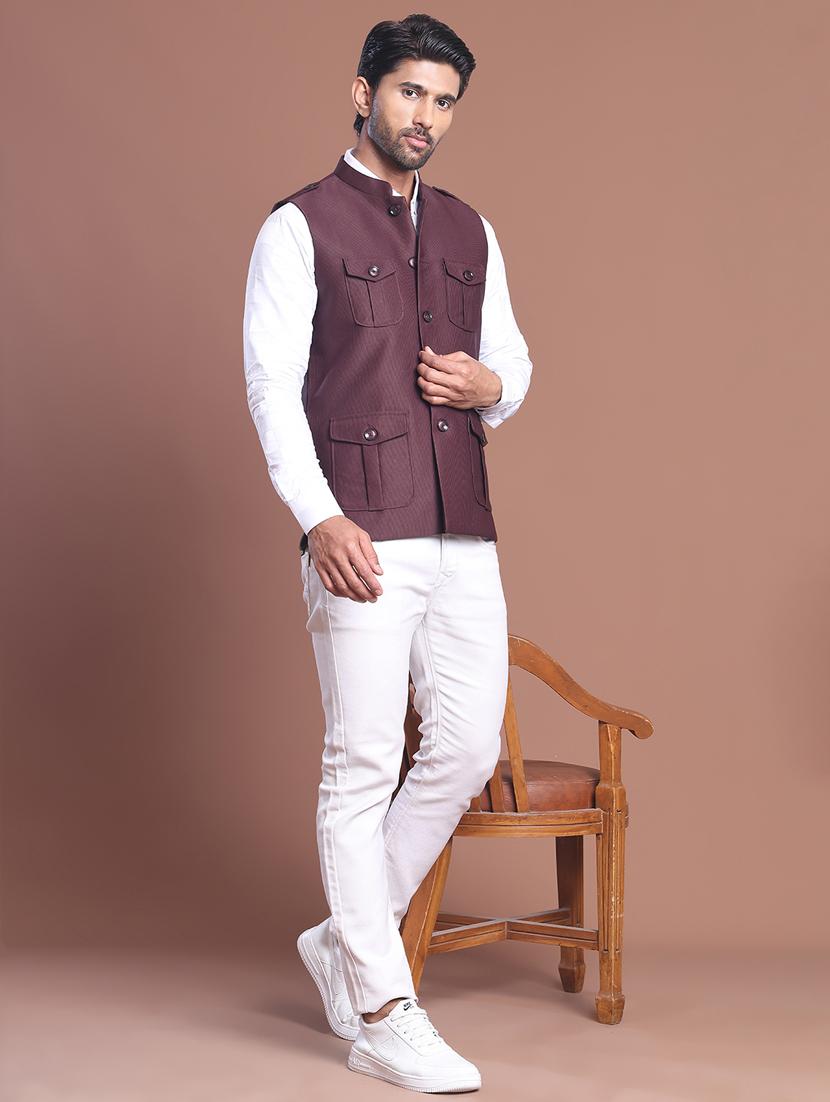 men striped mandarin neck nehru jacket - 21855582 - Standard Image - 5