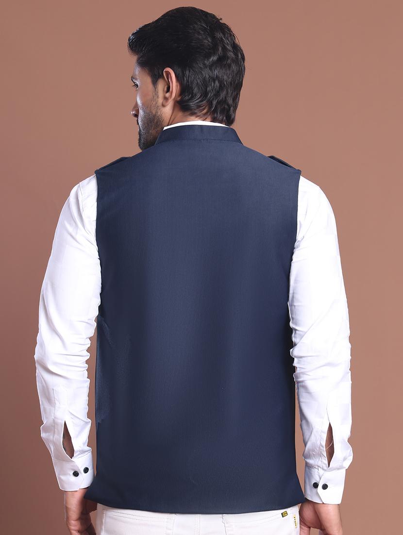 men striped mandarin neck nehru jacket - 21855583 - Standard Image - 3