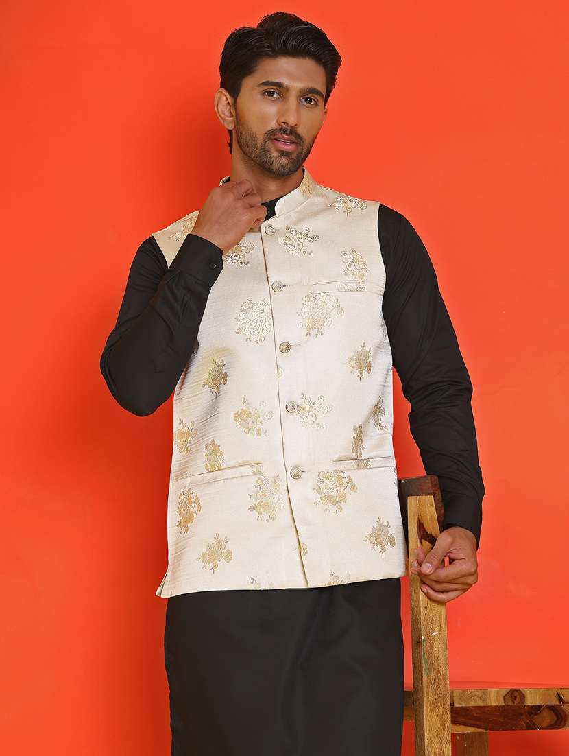 men embroidered mandarin neck nehru jacket