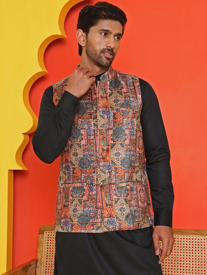 men embroidered mandarin neck nehru jacket - 21855587 -  Zoom Image - 0