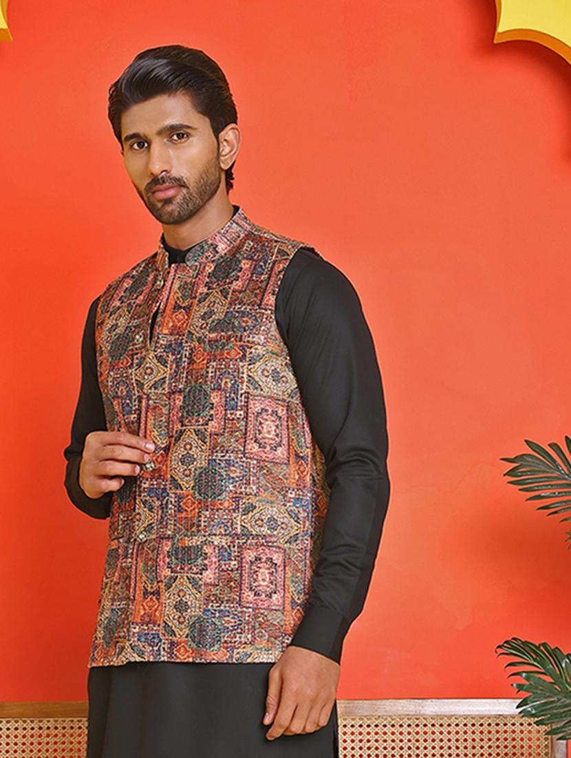 men embroidered mandarin neck nehru jacket - 21855587 - Standard Image - 3