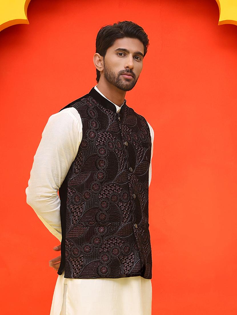 men embroidered mandarin neck nehru jacket - 21855589 - Standard Image - 3