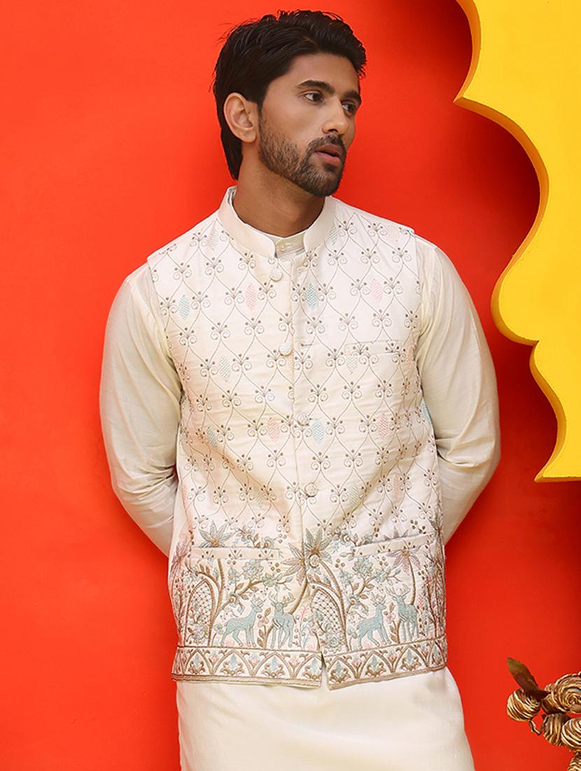 men embroidered mandarin neck nehru jacket - 21855590 - Zoom Image - 0