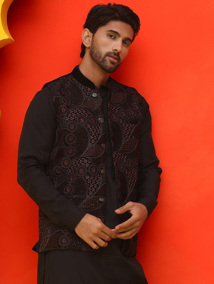 men embroidered mandarin neck nehru jacket - 21855593 - Standard Image - 3