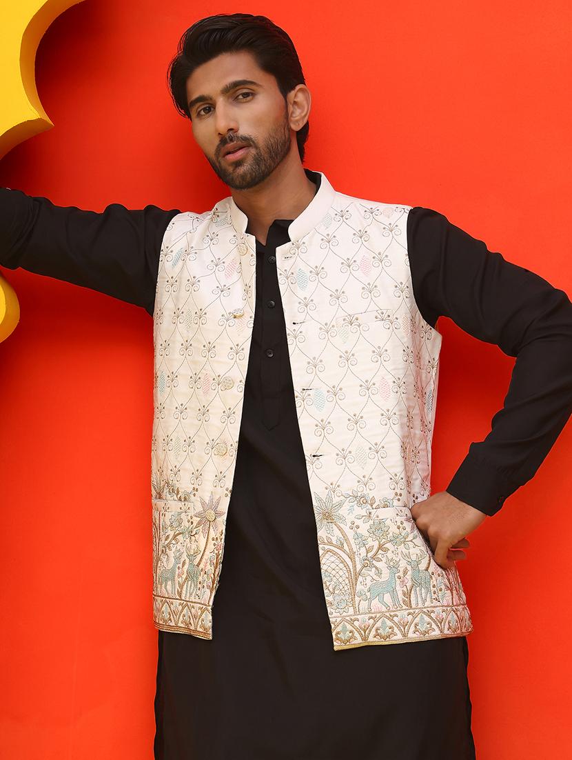 men embroidered mandarin neck nehru jacket - 21855594 - Standard Image - 3