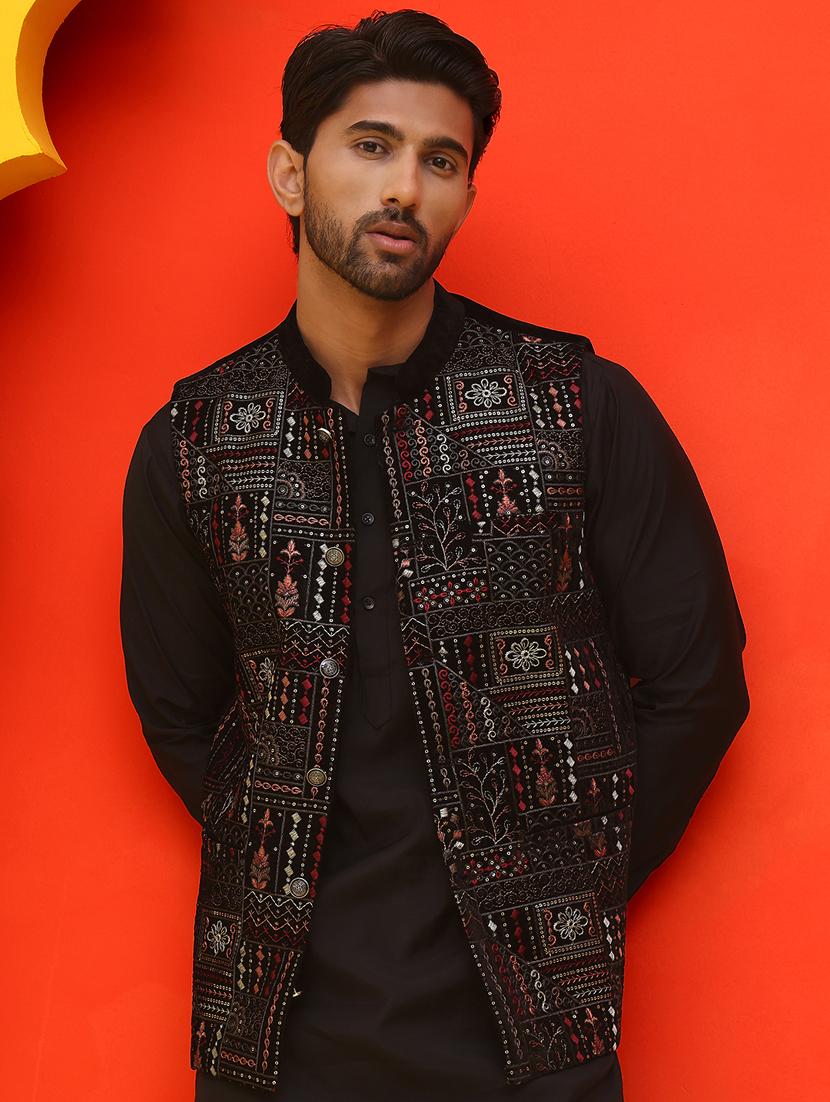 men embroidered mandarin neck nehru jacket - 21855595 -  Zoom Image - 0