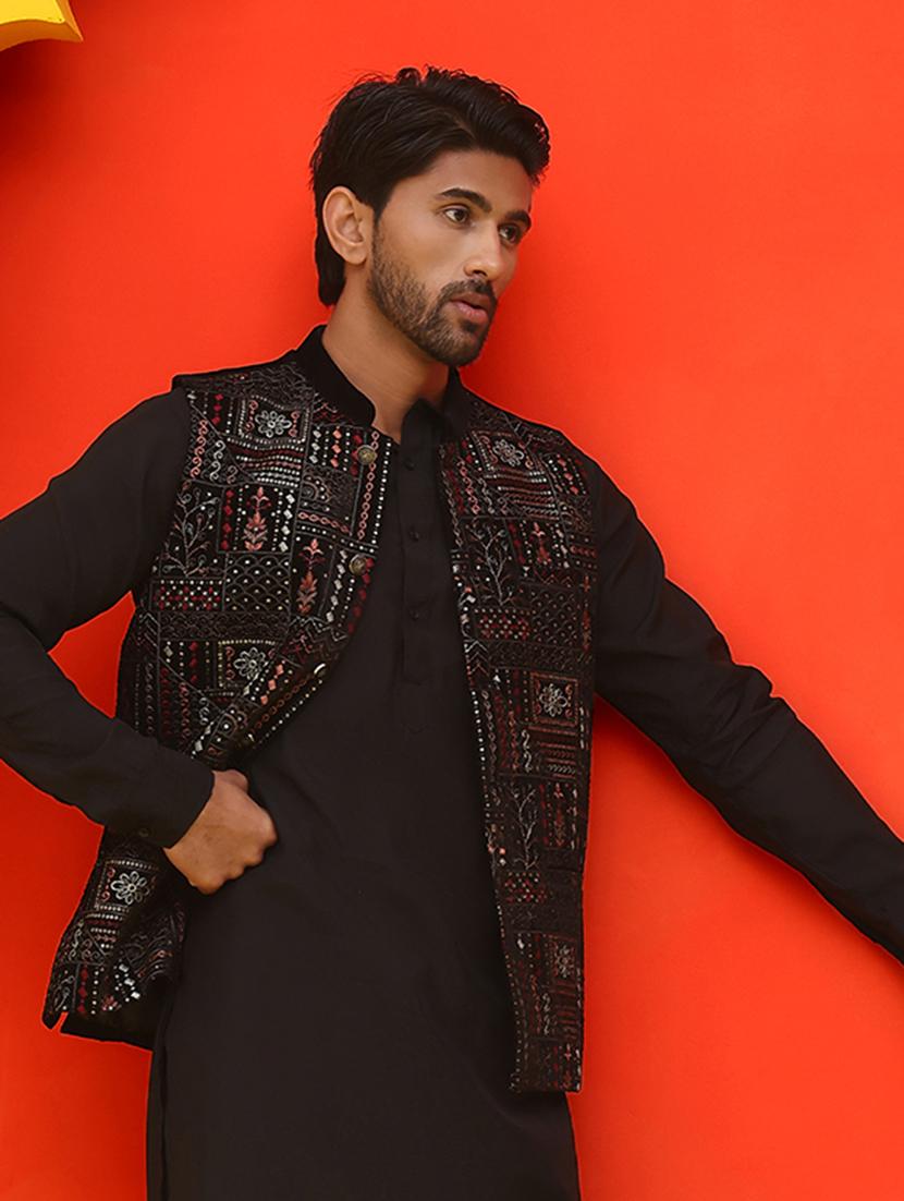 men embroidered mandarin neck nehru jacket - 21855595 - Standard Image - 3