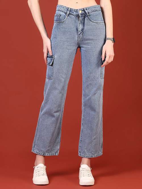 women solid mid rise denim cargo - 21862418 - Standard Image - 0
