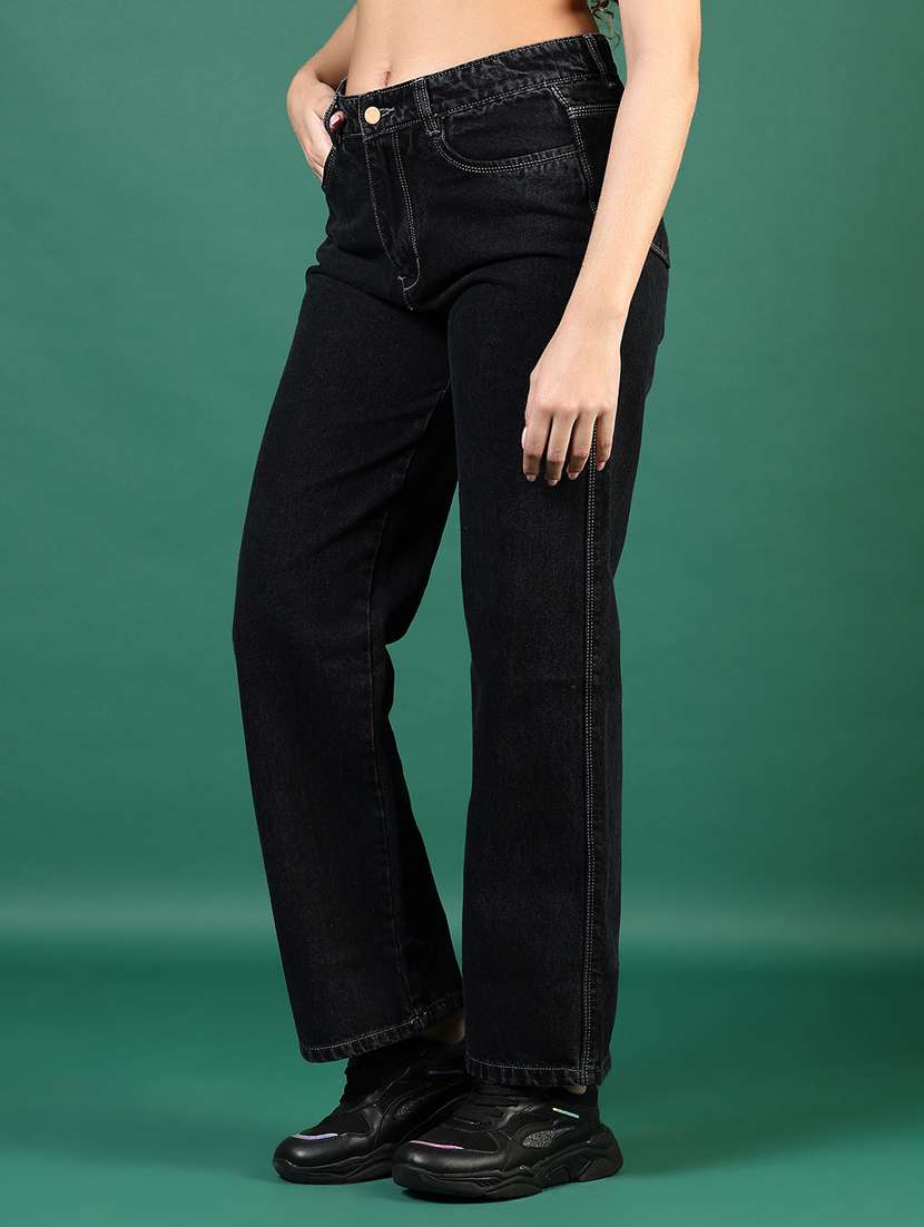 women black solid mid rise straight fit jeans - 21862452 - Standard Image - 3