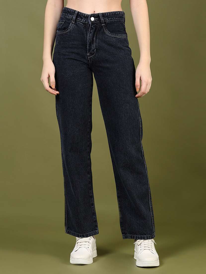 women solid high rise straight fit jean - 21862453 - Zoom Image - 0