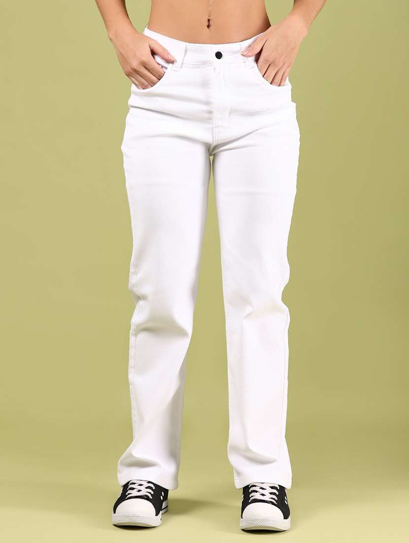women solid mid rise straight fit jeans