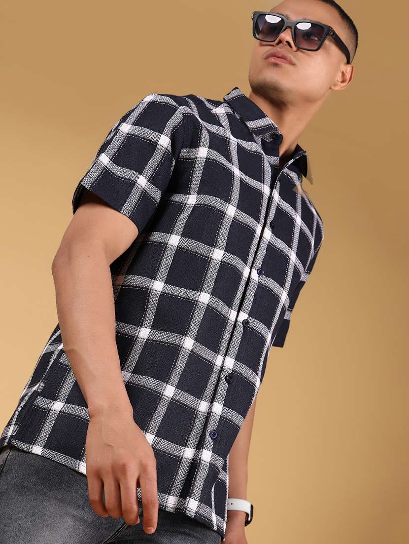 men checkered short sleeve slim fit casual shirt