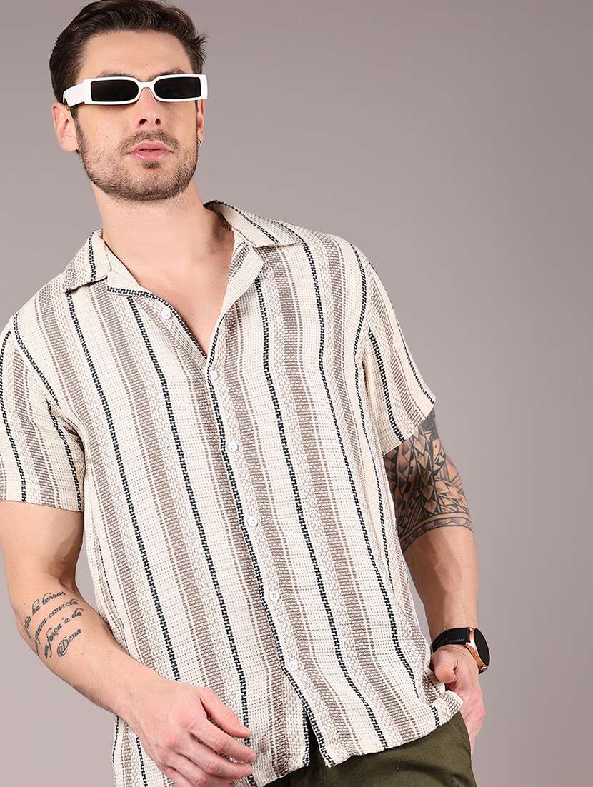 men striped cuban collaerd short sleeve casual shirt - 21863134 - Zoom Image - 0