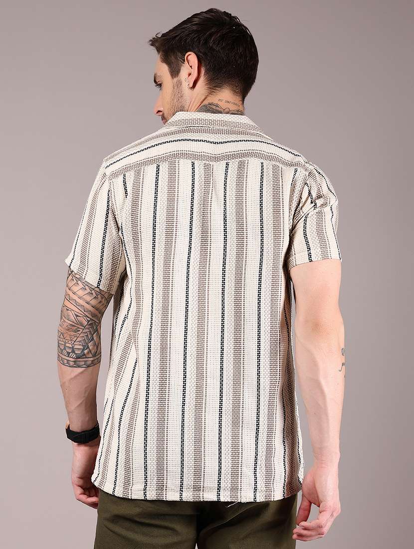 men striped cuban collaerd short sleeve casual shirt - 21863134 - Standard Image - 3