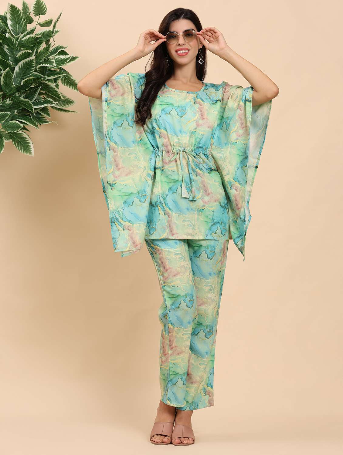 women printed kaftan top and trouser co-ord set